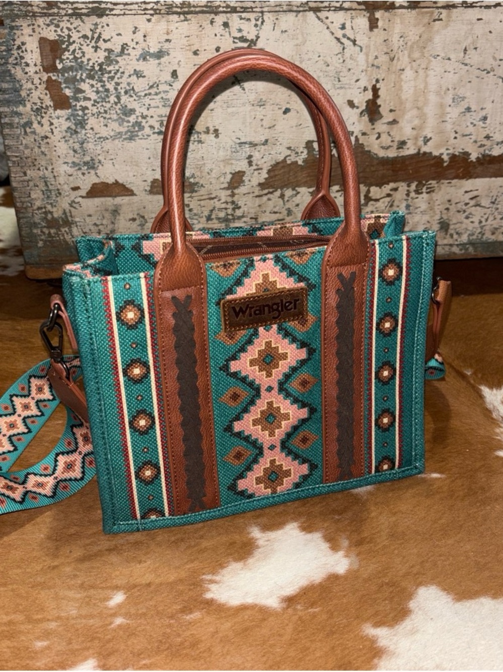 Wrangler Teal and Pink Aztec Satchel with Brown Trim